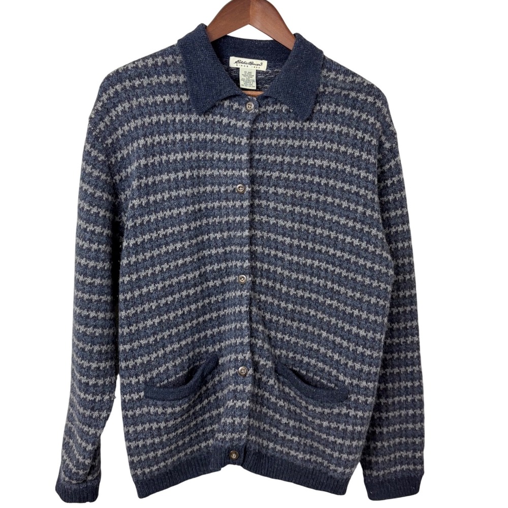 Eddie Bauer Blue and Gray Patterned Wool Cardigan